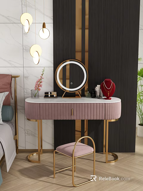Modern Pink Velvet Dressing Table With Gold Frame Round Mirror Cosmetics And Potted Plant 3d model 