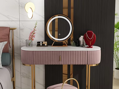 Modern Pink Velvet Dressing Table With Gold Frame Round Mirror Cosmetics And Potted Plant 3d model