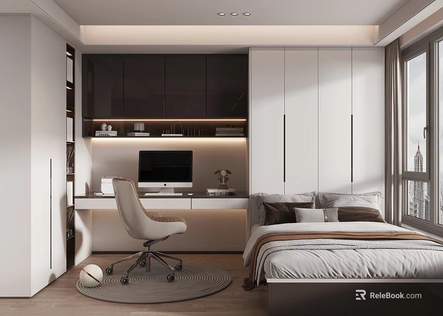 Modern Tatami Bedroom Interior Design With Desk Computer And Wardrobe 3d model 
