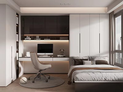 Modern Tatami Bedroom Interior Design With Desk Computer And Wardrobe 3d model