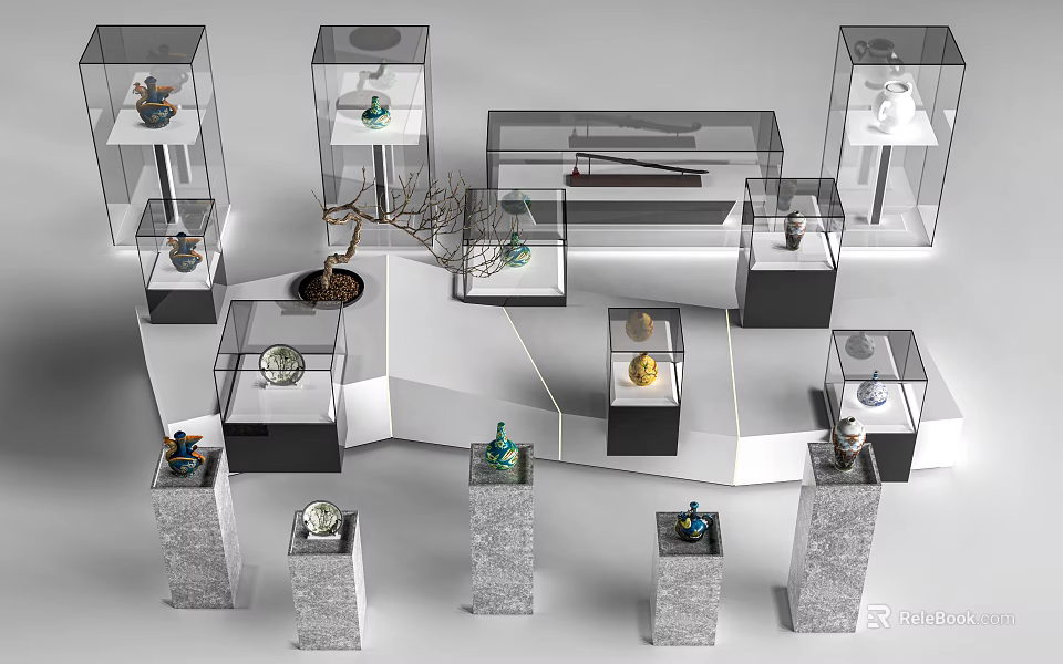 Modern Transparent Glass Display Shelves With Decorative Items And Marble Bases 3d model 