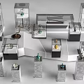 Modern Transparent Glass Display Shelves With Decorative Items And Marble Bases