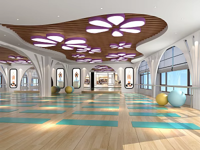 Spacious Fitness Studio With Yoga Area Wooden Flooring Purple Flower Ceiling Lights And Fitness Balls 3d model