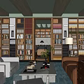 Living Room Interior With Green Walls Wooden Beam Ceiling Bookshelves Brown Gray Sofa