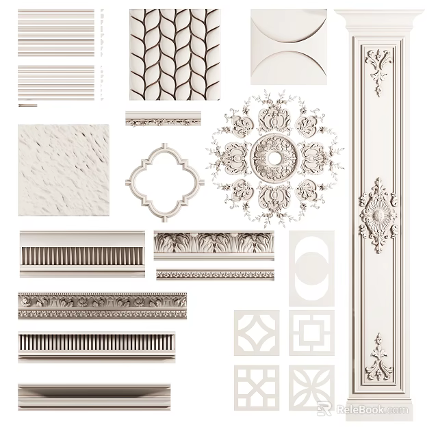 Architectural Components With Ornate Carvings Various Patterns And Textured Panels 3d model