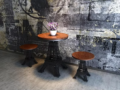 Round Wooden Table With Two Stools And Purple Flowers On Patterned Wall 3d model