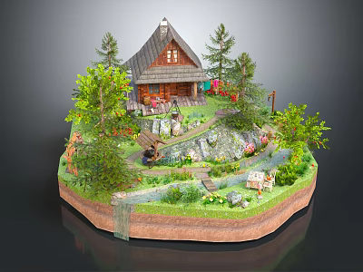Wooden House Model with Garden Surrounded by Trees Flowers Small Stream and Outdoor Seating 3d model