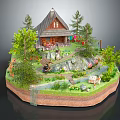 Wooden House Model with Garden Surrounded by Trees Flowers Small Stream and Outdoor Seating