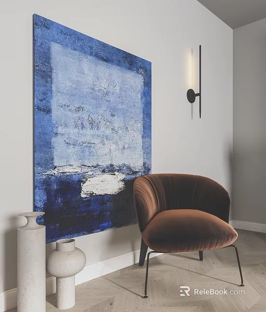 Blue Abstract Painting with White Details on Wall and Brown Armchair White Vases 3d model 