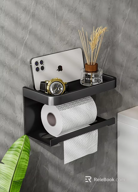 Black Bathroom Wall Shelf with Toilet Paper Roll Tissues Phone Watch and Reed Diffuser 3d model 