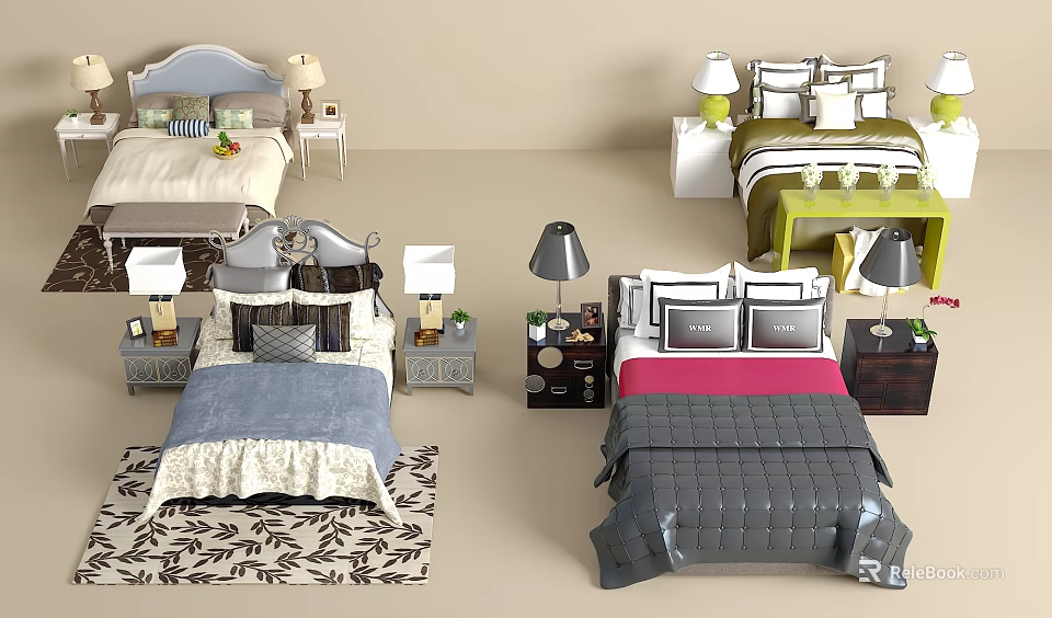 Modern Double Beds Interior Design With Various Bedding Styles And Bedside Table Lamps 3d model