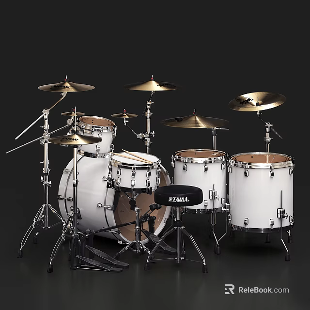 White TAMA Drum Set With Complete Cymbals And Percussion Musical Instrument Kit 3d model 