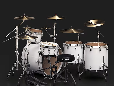 White TAMA Drum Set With Complete Cymbals And Percussion Musical Instrument Kit 3d model