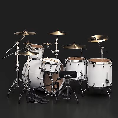 White TAMA Drum Set With Complete Cymbals And Percussion Musical Instrument Kit 3d model