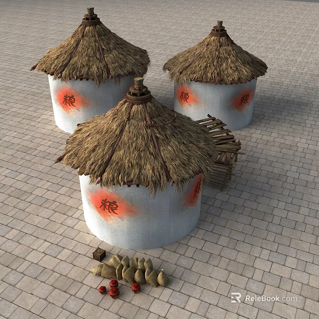 Traditional Round Grain Storage Huts With Thatched Roofs Red Symbols And Stone Paved Ground 3d model 