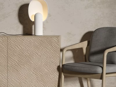Modern White Table Lamp On Textured Light Wooden Cabinet Beside Gray Chair Against Beige Wall 3d model
