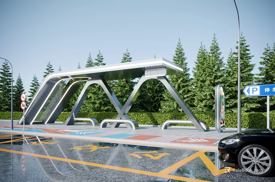 Modern Public Bus Stop Facility With Metal Roof Green Trees Parking Sign And Ground Markings 3d model 