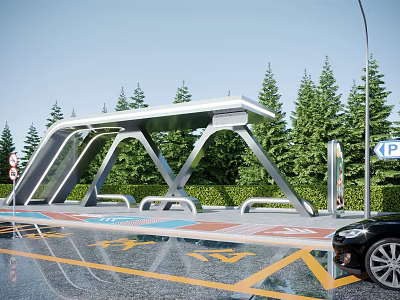Modern Public Bus Stop Facility With Metal Roof Green Trees Parking Sign And Ground Markings 3d model