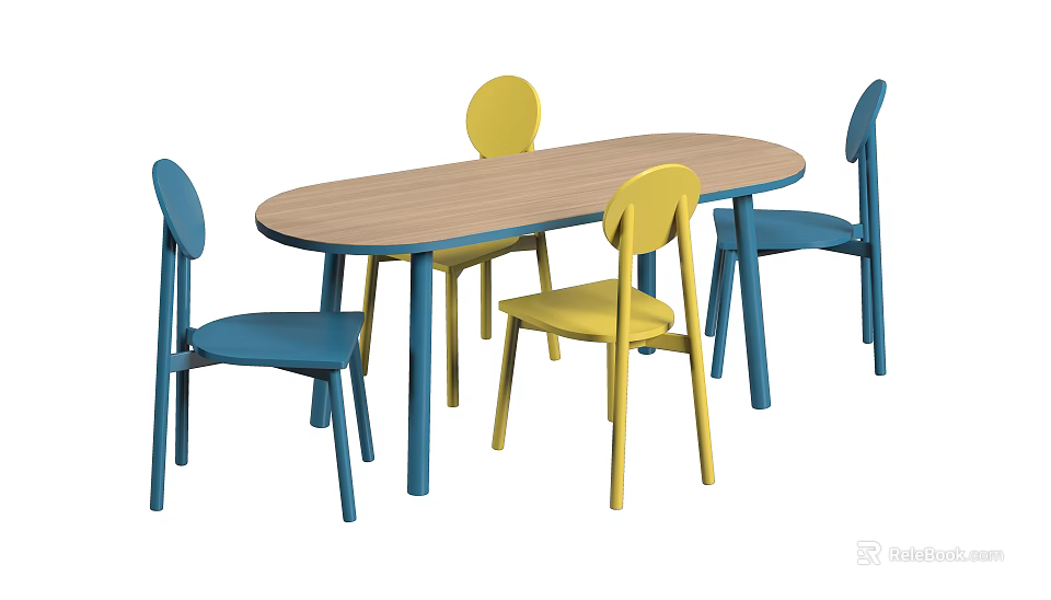 Modern Dining Table Set With Oval Wooden Top And Blue Yellow Chairs 3d model 