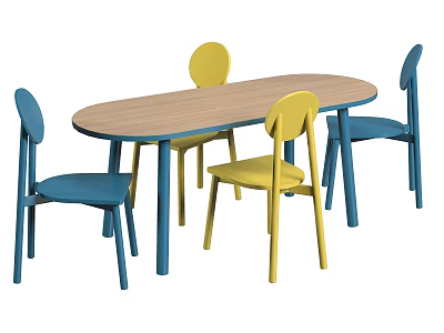Modern Dining Table Set With Oval Wooden Top And Blue Yellow Chairs 3d model