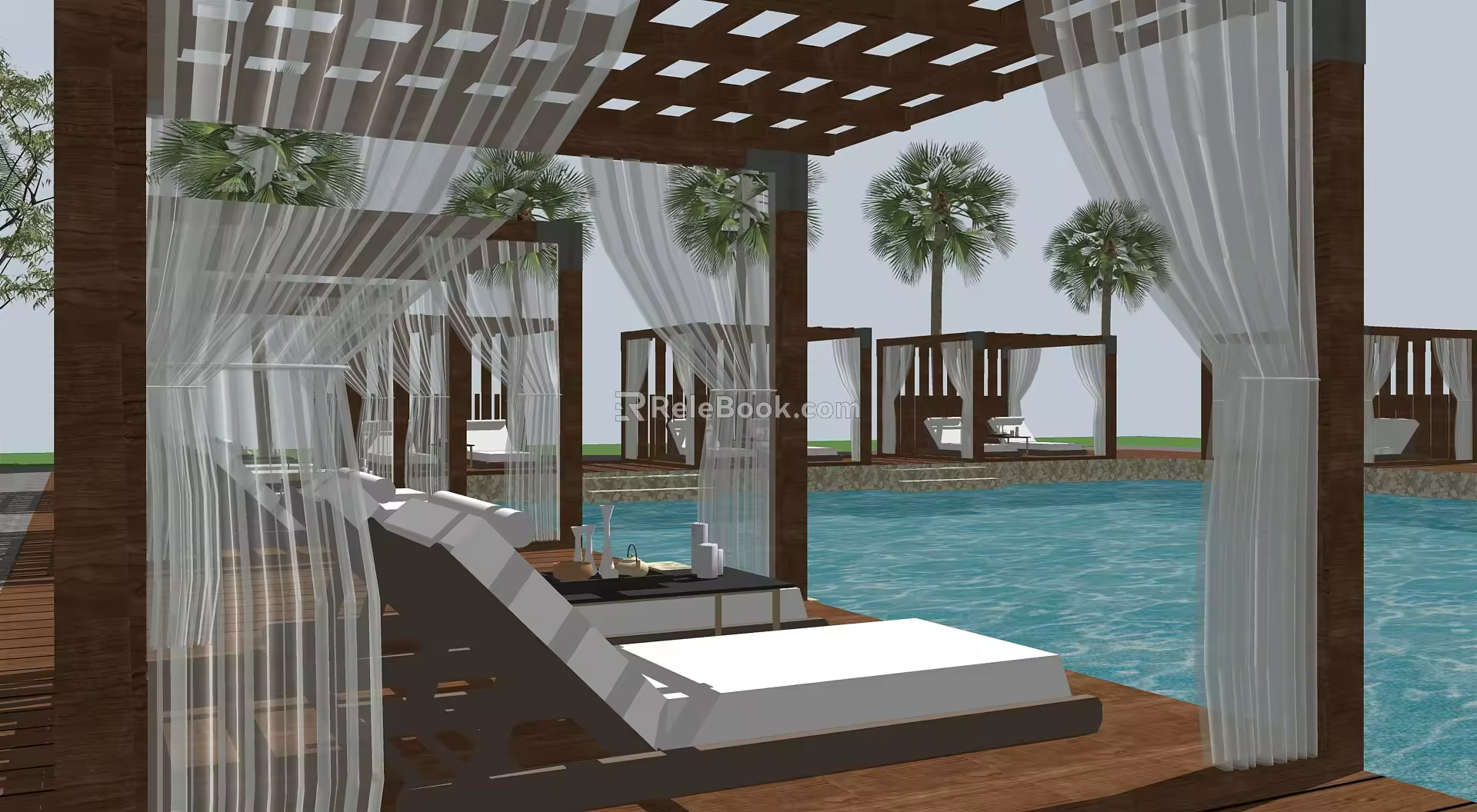 Modern pavilion rest pavilion pool side rest pavilion pergola tourism vacation pool hot spring pool lounge chair health gauze curtain pavilion 3d model
