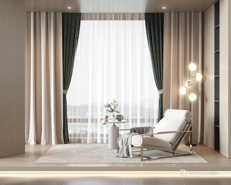 Modern Curtain Interior With White Sheer And Dark Green Drapes And Cozy Lounge Area 3d model 