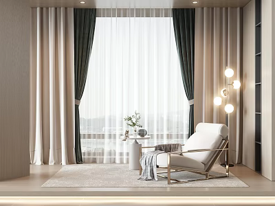 Modern Curtain Interior With White Sheer And Dark Green Drapes And Cozy Lounge Area 3d model