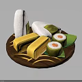 Traditional Asian Food Platter with Rice Dumplings Tamagoyaki and Sushi Rolls on Wooden Plate