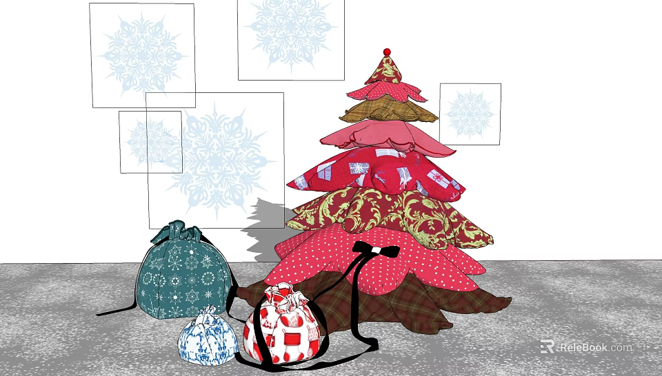 Christmas Themed Decorative Ornament Set With Tree Shaped Design Small Bags And Snowflake Patterns 3d model 