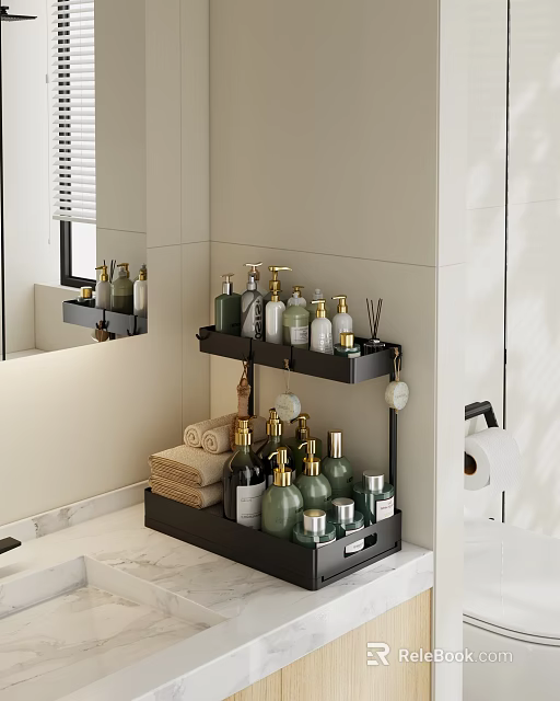 Modern Bathroom Combination With Black Shelf Towels Toiletries And Toilet Paper 3d model 