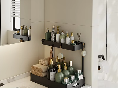 Modern Bathroom Combination With Black Shelf Towels Toiletries And Toilet Paper 3d model