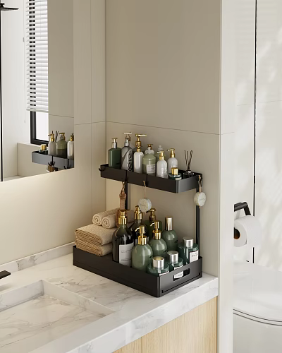 Modern Bathroom Combination With Black Shelf Towels Toiletries And Toilet Paper 3d model