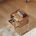 Wooden Bedside Table with Radio Glass and Books in Drawer and Metal Legs