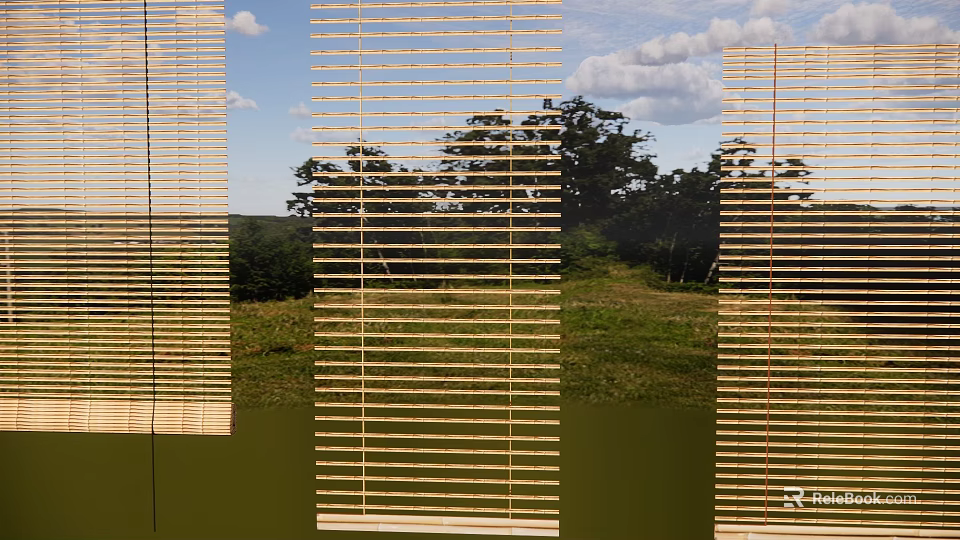 Bamboo Blinds View Of Green Grassland Trees Blue Sky And White Clouds 3d model 