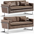 Contemporary Brown Leather Sofa With Decorative Pillows And Metallic Legs