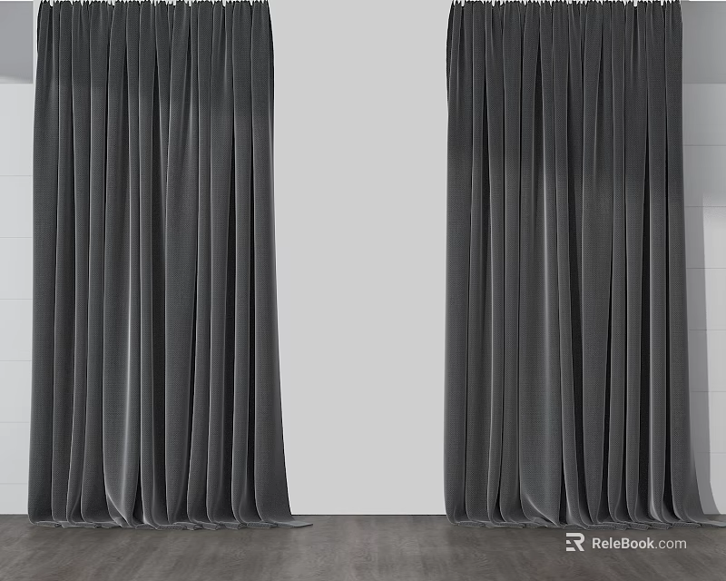Gray Double Panel Curtains With Draped Style On White Background And Wooden Floor 3d model 