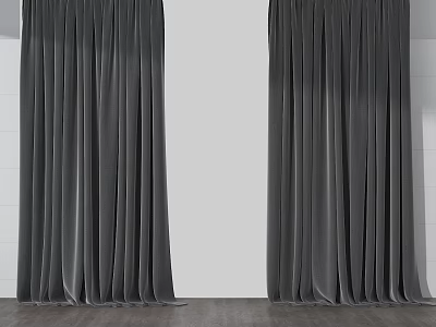 Gray Double Panel Curtains With Draped Style On White Background And Wooden Floor 3d model