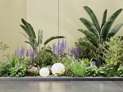 Lush Garden Plants With Purple Flowers Large Green Leaves And Decorative Lights 3d model
