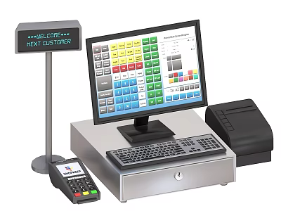 Business Equipment Cash Register System With Customer Display Monitor Keyboard Receipt Printer And Payment Terminal 3d model