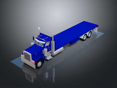 Blue Flatbed Truck With White Cab And Long Flatbed Shiny Surface 3D Rendering 3d model
