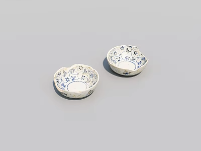 Ceramic Petal Shaped Dinnerware Set With Two Blue Floral Pattern Bowls 3d model