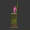 Tropical Drink in Decorative Tiki Mug with Purple Umbrella Pink Flower and Fruit Garnish
