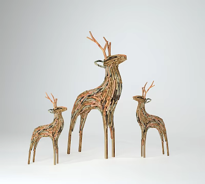 Decorative Deer Figurine Set Made Of Wooden Strips With Large And Small Sizes 3d model