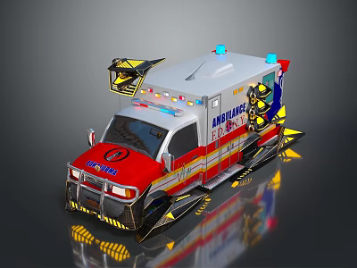 Red White City Bus With Blue Red Emergency Lights Yellow Accents And Reflective Design 3d model