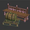 Wooden Barrel On Pallet And Carved Wooden Bench With Intricate Patterns