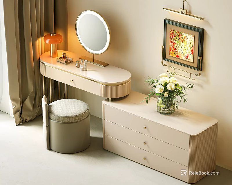 Elegant Dressing Table with Round Mirror Padded Stool Cosmetics Drawer Cabinet and Framed Painting 3d model 