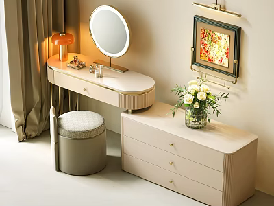 Elegant Dressing Table with Round Mirror Padded Stool Cosmetics Drawer Cabinet and Framed Painting 3d model