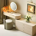 Elegant Dressing Table with Round Mirror Padded Stool Cosmetics Drawer Cabinet and Framed Painting