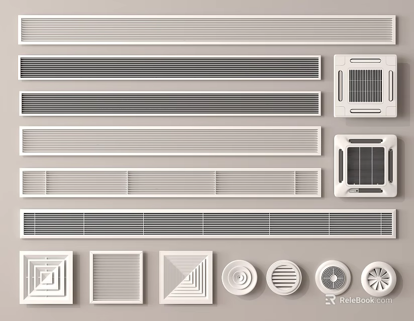 Different Types of Air Conditioner Vents with Rectangular Square Circular Grille Designs 3d model 