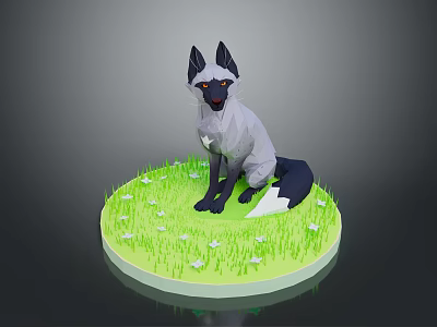 Low Poly Fox Character Sitting On Grassy Circle With Small Flowers 3d model